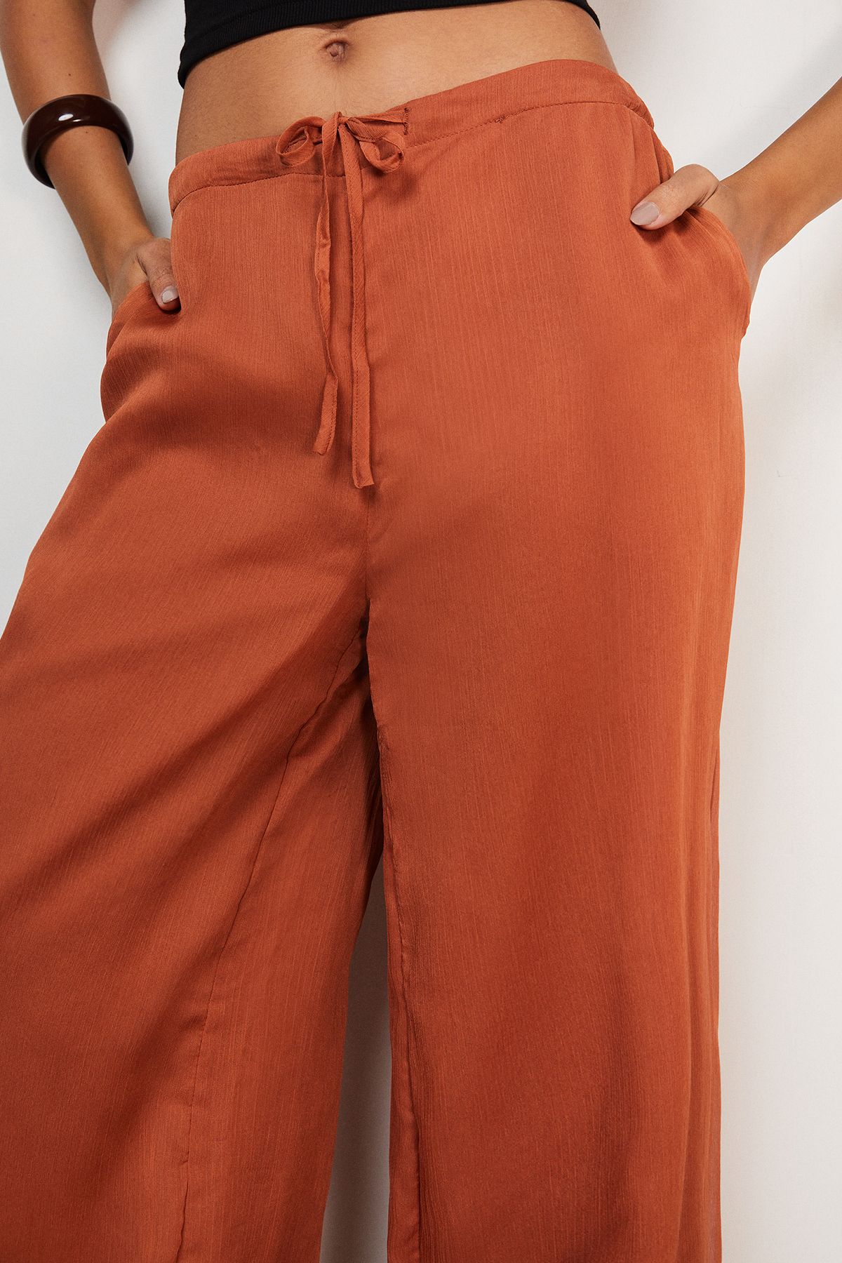 Warehouse Lace Insert Chiffon Cuffed Trousers Tan image 4