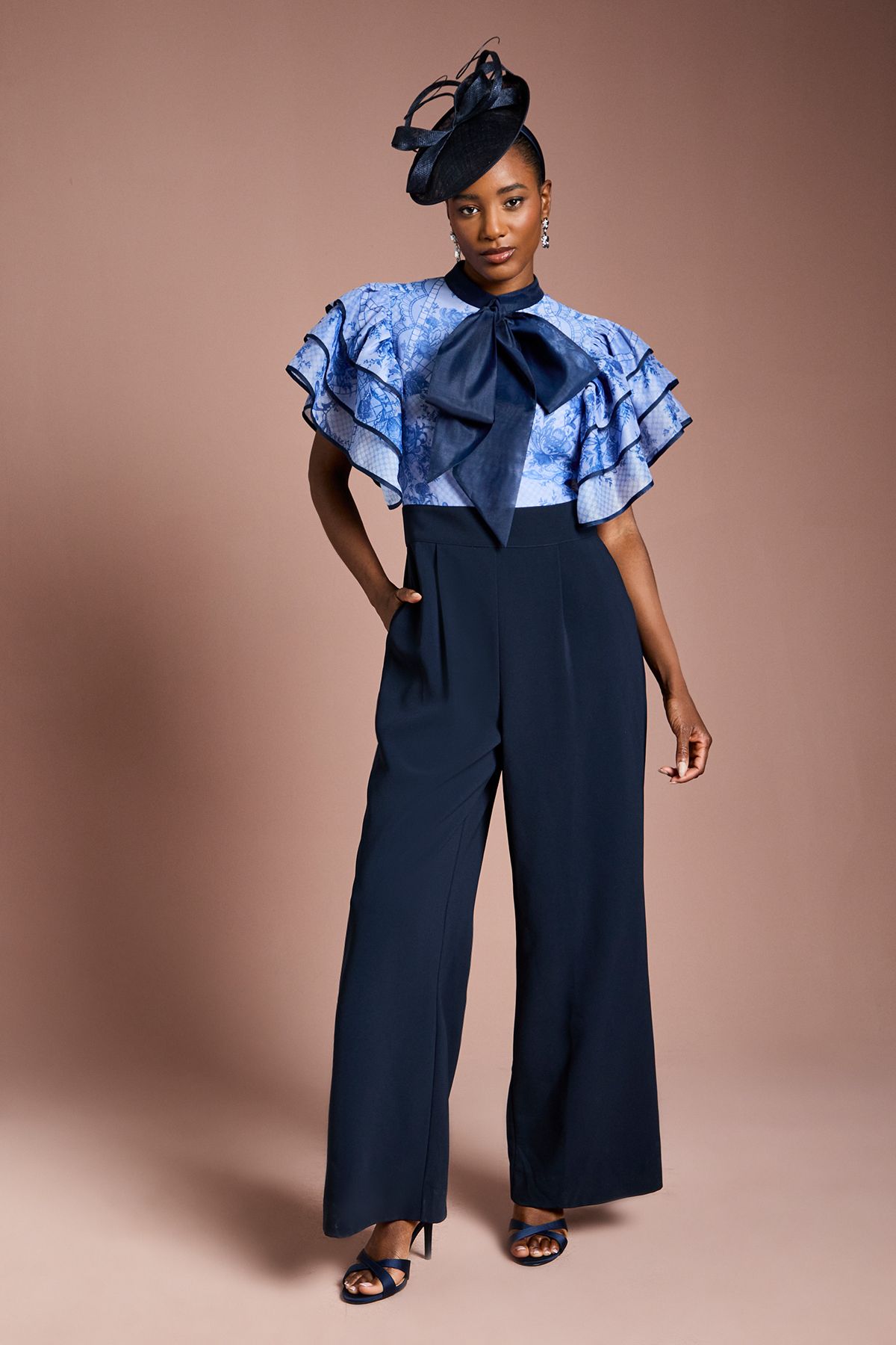 Coast Printed Organza Ruffle Sleeve Wide Leg Jumpsuit Navy image 1