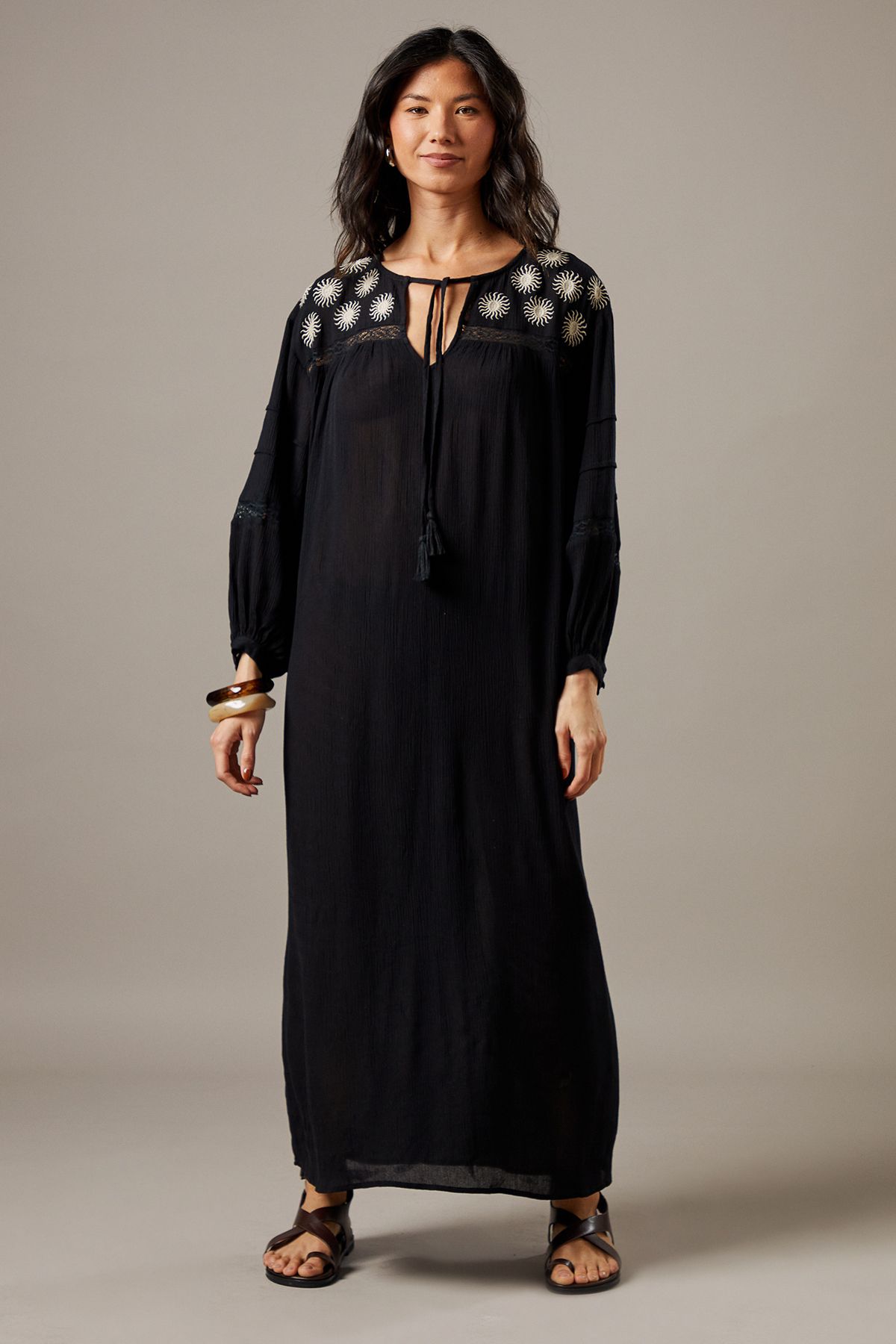 Warehouse Cheesecloth Embroidered Trim Insert Midi Smock Dress Black image 1