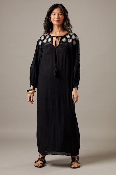 Warehouse Cheesecloth Embroidered Trim Insert Midi Smock Dress Black