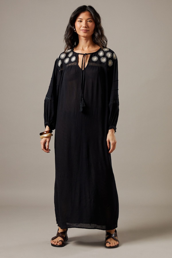 Warehouse Cheesecloth Embroidered Trim Insert Midi Smock Dress Black