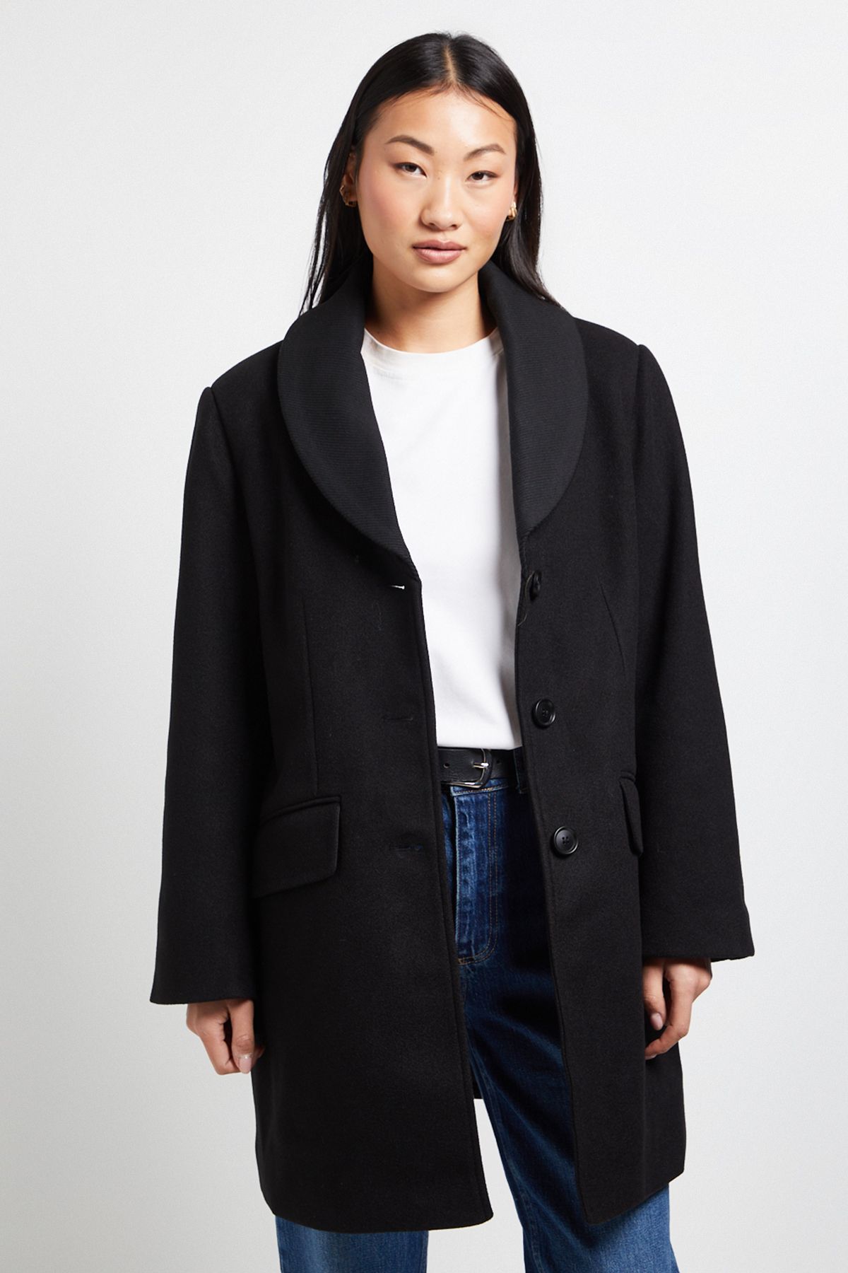 Dorothy Perkins Petite Funnel Collar Single Breasted Midi Coat Black image 5