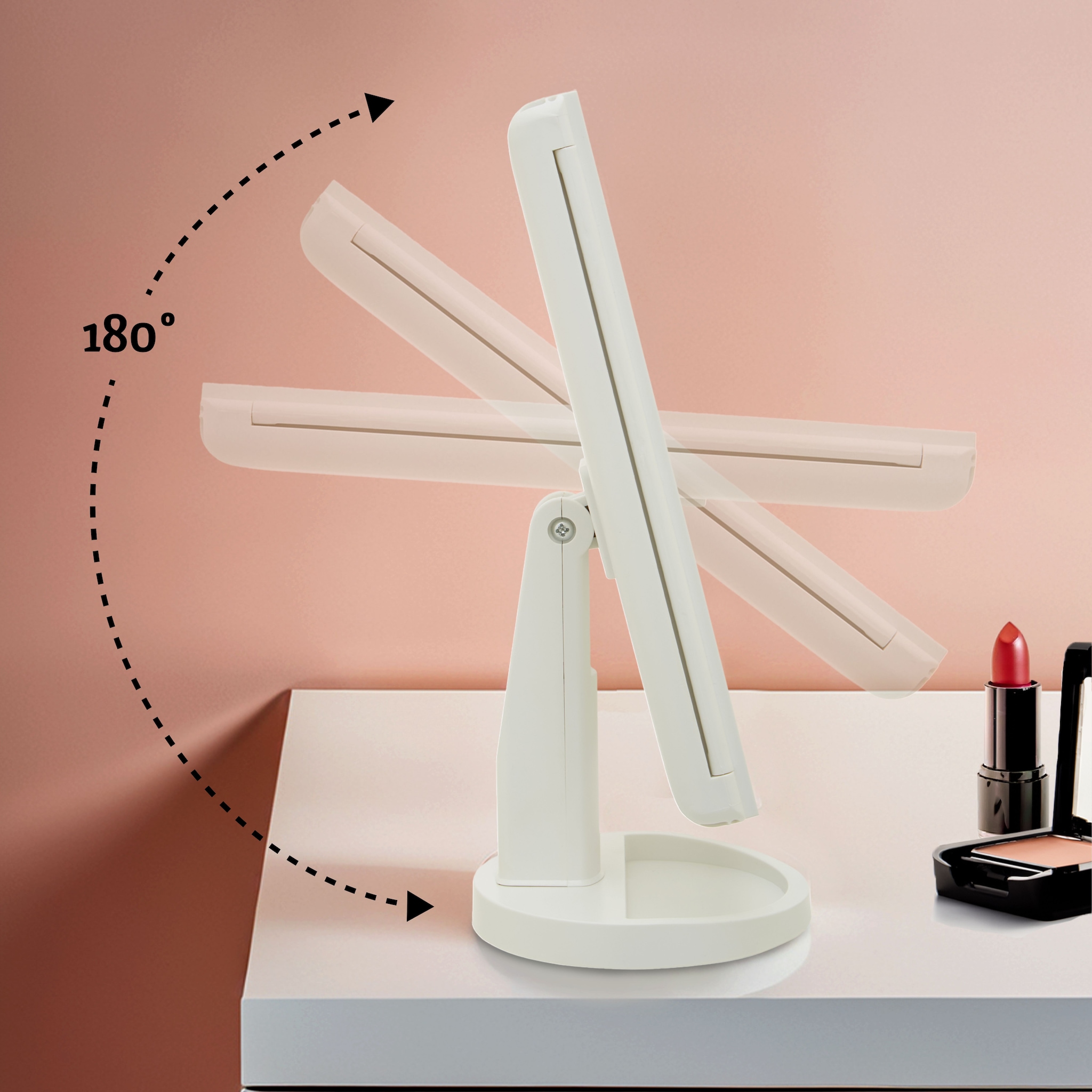 Orsina 180 Degree Rotatable Tri Fold White Table Mirror, TriFold Design Table Mirror, Versatile Small Table Mirror image 4