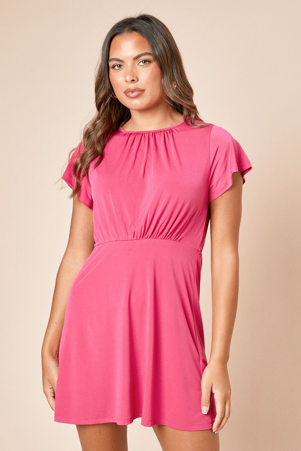 Dorothy Perkins Tie Back Angel Sleeve Jersey Mini Dress Hot Pink image 2