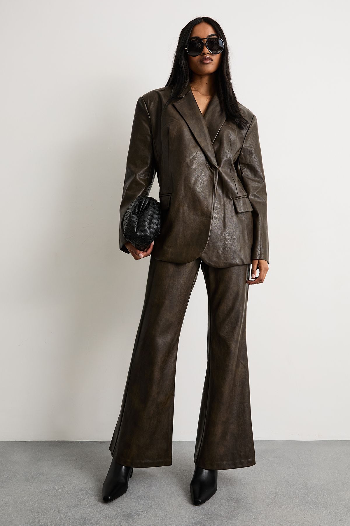 Warehouse Pu Clean Waistband Flare Trousers Co-ord Chocolate image 2