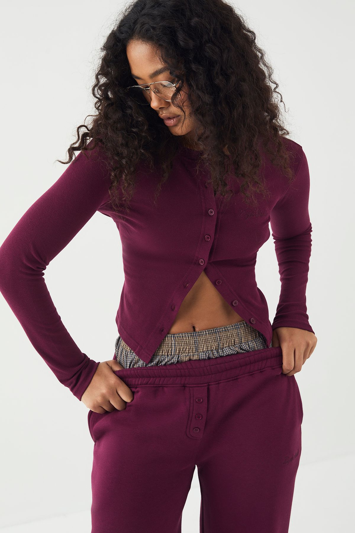DSGN Studio DSGN Studio Ribbed Script Embroidery Button Through Long Sleeve Top Plum