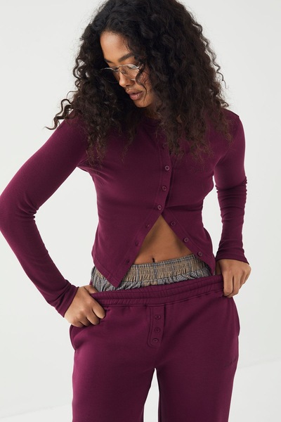 DSGN Studio DSGN Studio Ribbed Script Embroidery Button Through Long Sleeve Top Plum