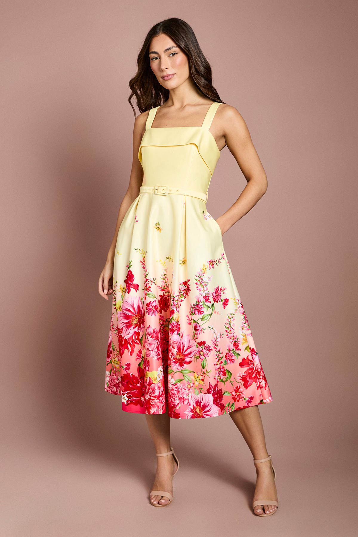 Coast Placement Floral Print Belted Midi Dress Lemon