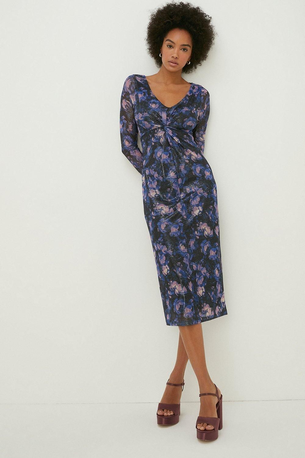 Oasis Petite Glitter Floral Mesh Knot Front Midi Dress Multi image 2