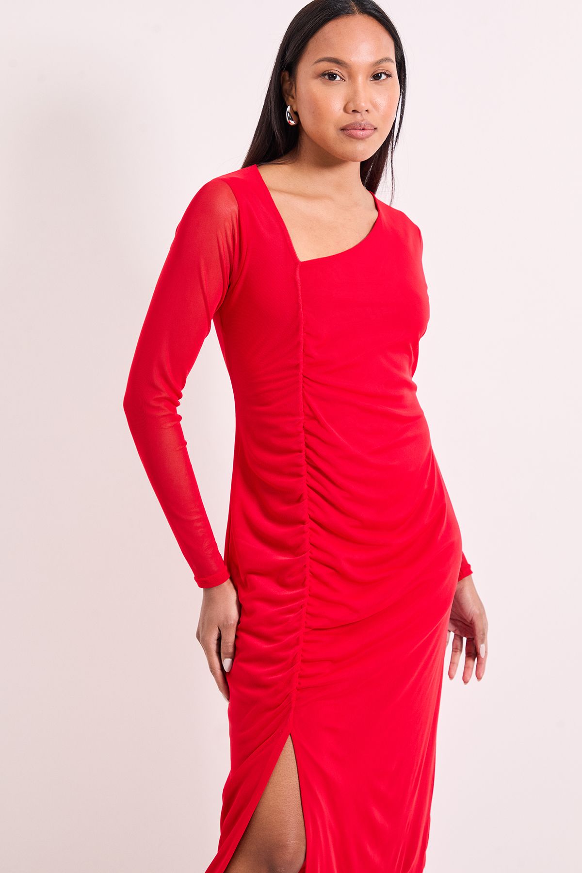 Principles Ruched Draw Cord Detail Mesh Midi Dress Crimson image 2