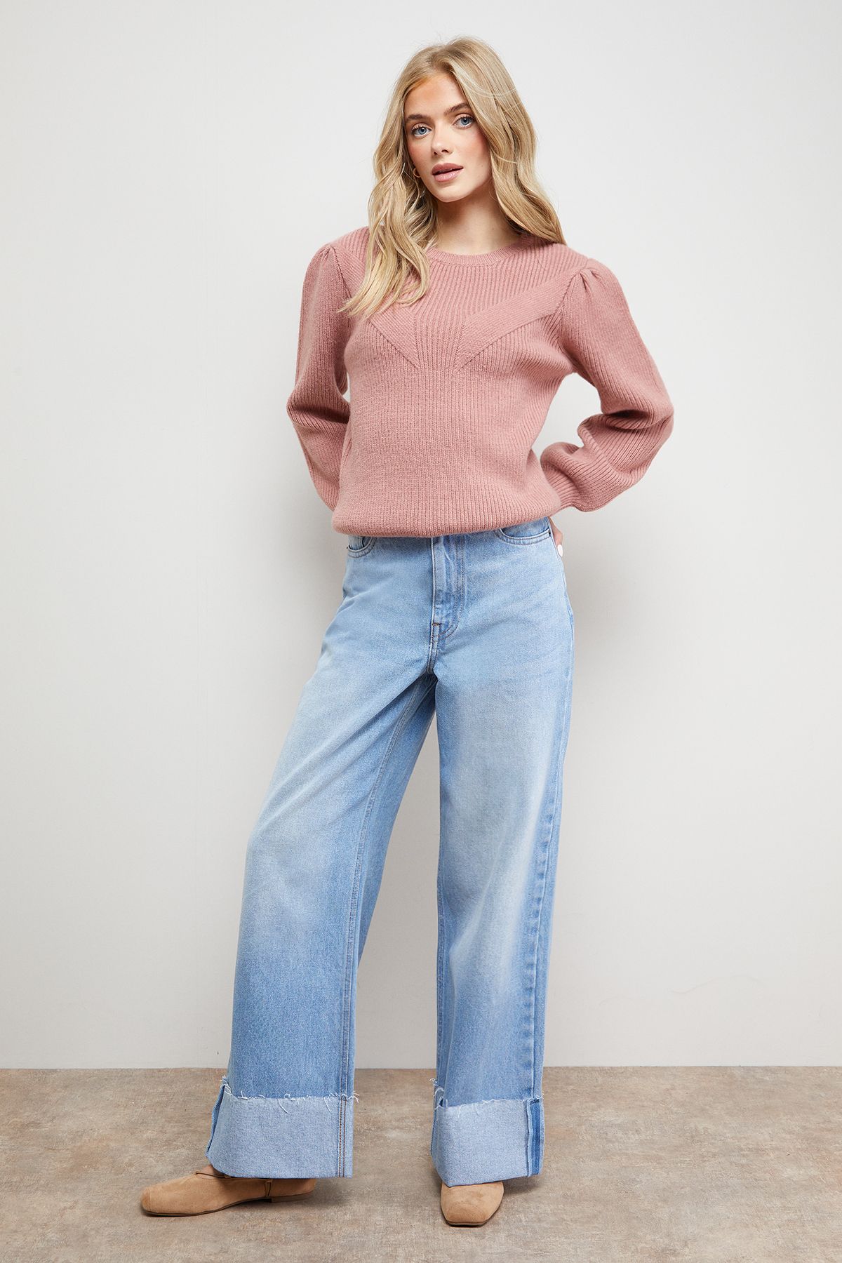 Oasis Rib Transfer Balloon Sleeve Jumper Rose image 2