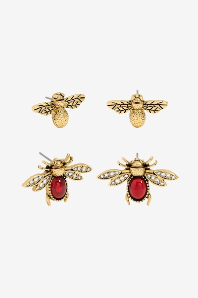 Mood Antique Gold Polished & Red Insect Stud Earrings - Pack of 2