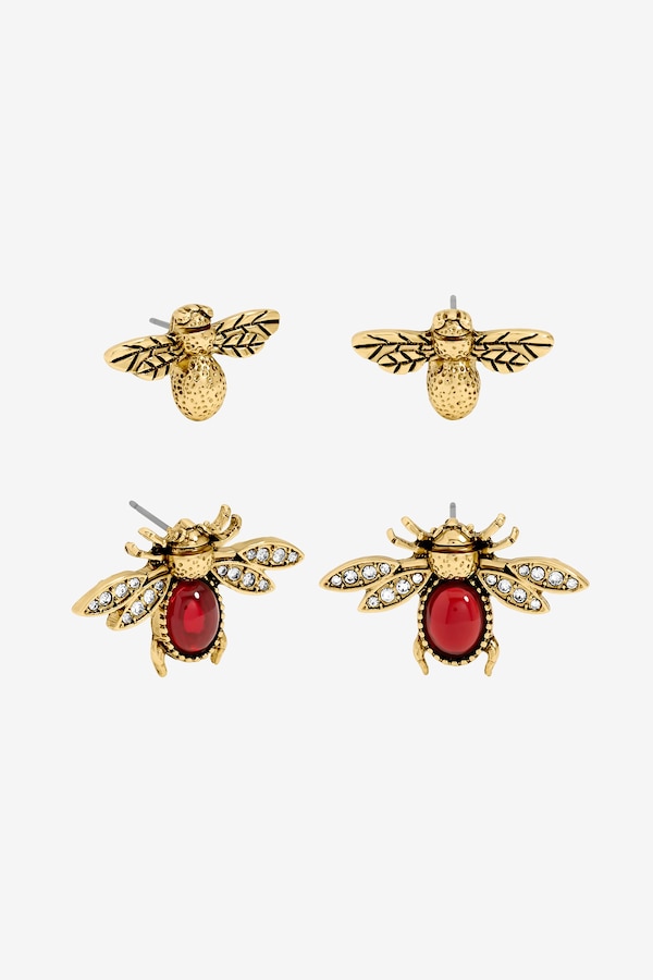 Mood Antique Gold Polished & Red Insect Stud Earrings - Pack of 2