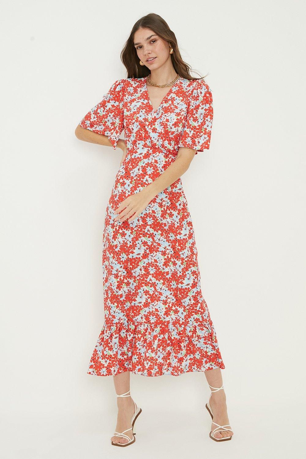 Dorothy Perkins Tall Red Ditsy Wrap Ruffle Hem Midi Dress Navy image 2