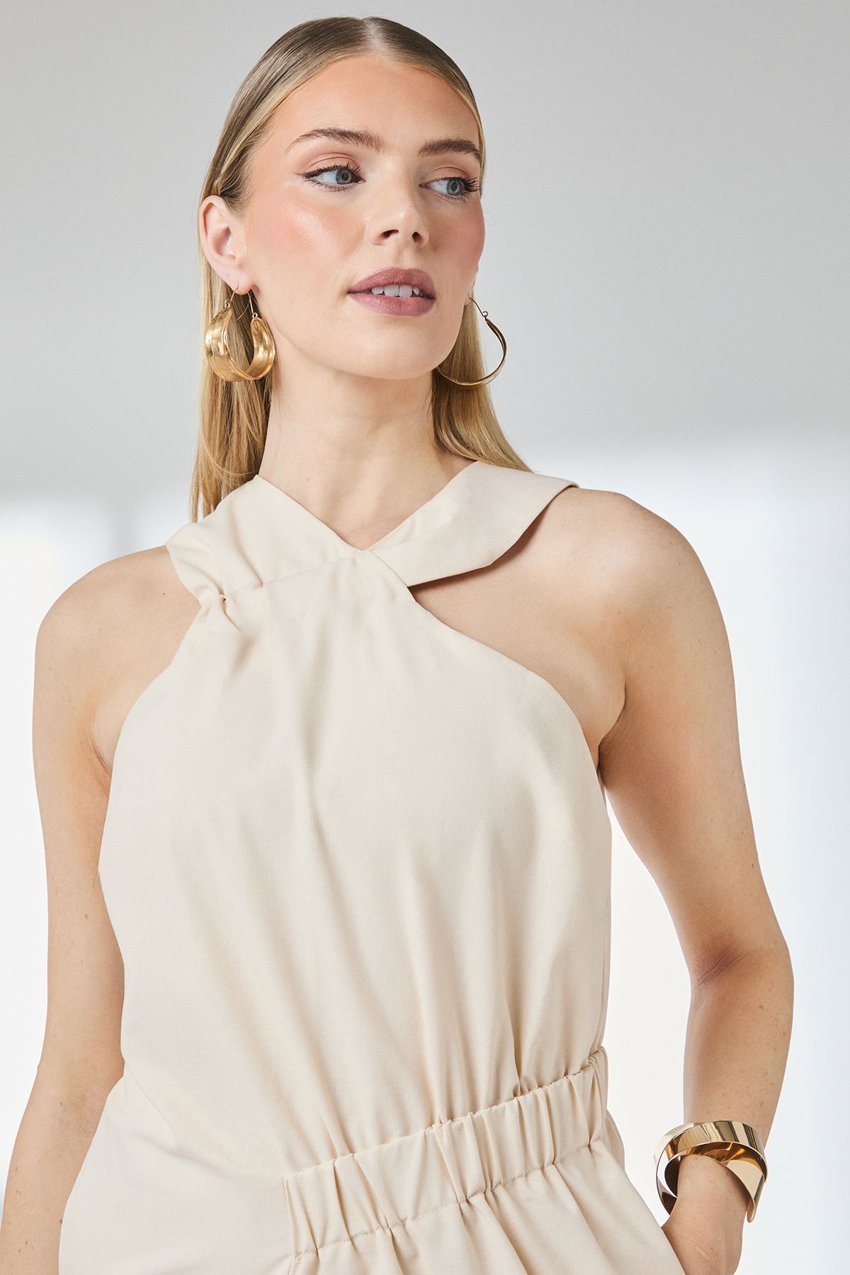 Principles Sand Linen Asymmetric Hem Halter Midaxi Dress Sand image 3