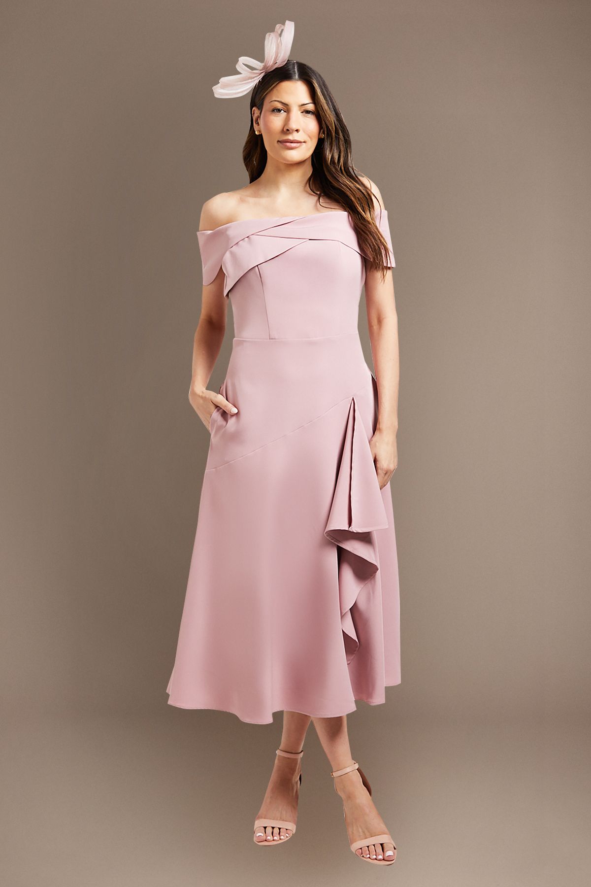 Coast Bardot Waterfall Crepe Midi Dress Pink