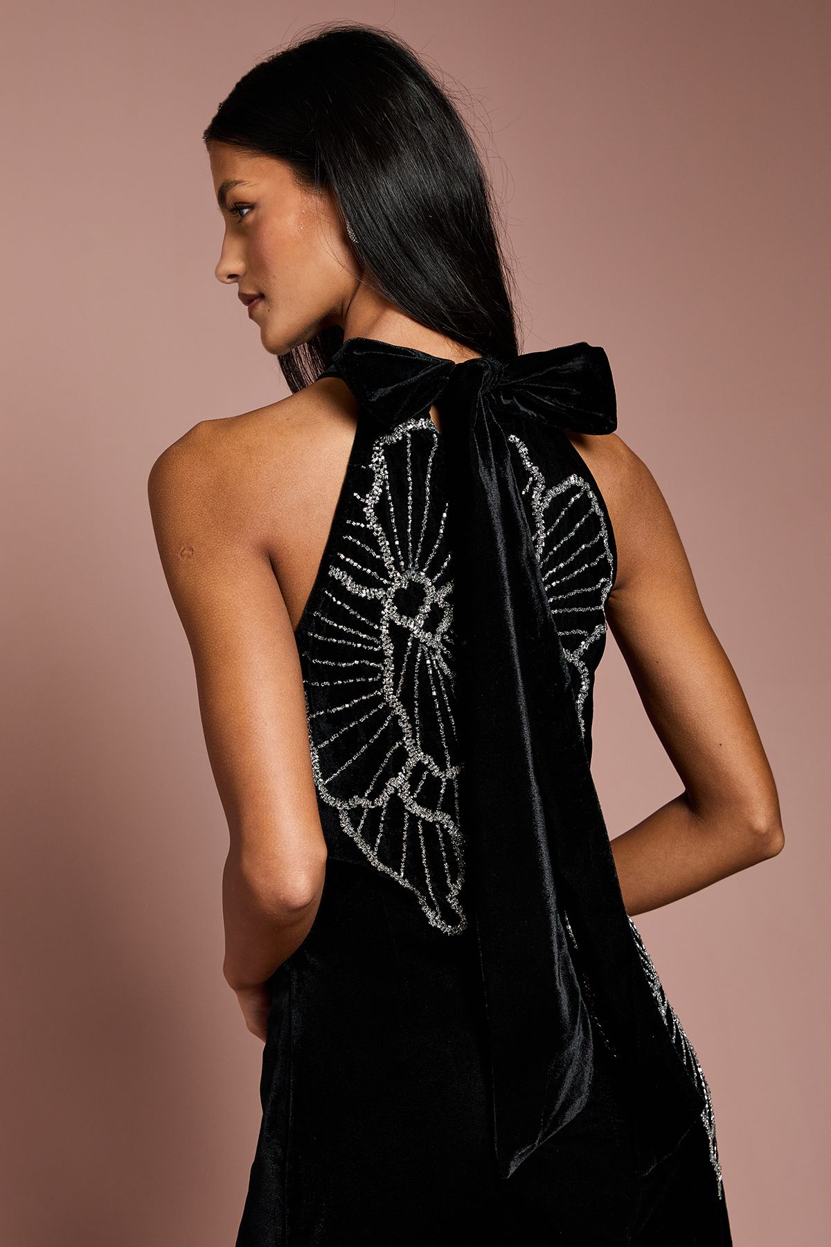 Coast Petite Halter Neck Velvet Maxi Dress With Embellishment Flower Black image 5