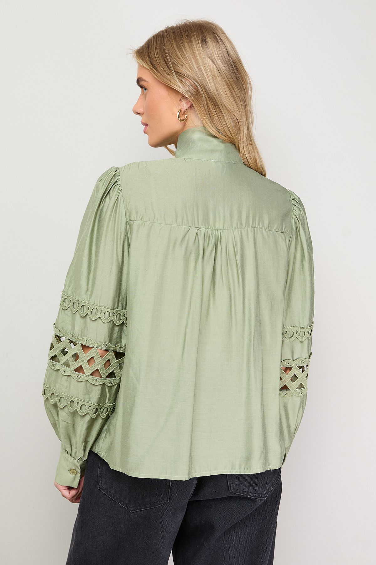 Oasis Cut Out Trim Detail Tie Neck Button Down Blouse Khaki image 3