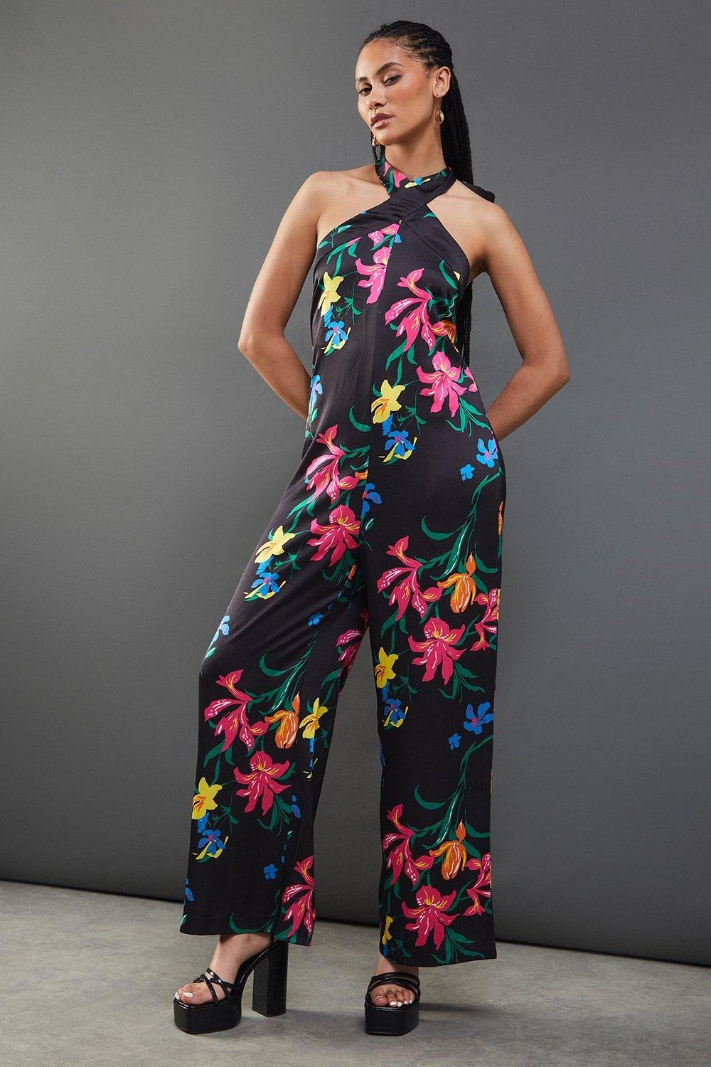 Warehouse Floral Satin Halterneck Jumpsuit Black