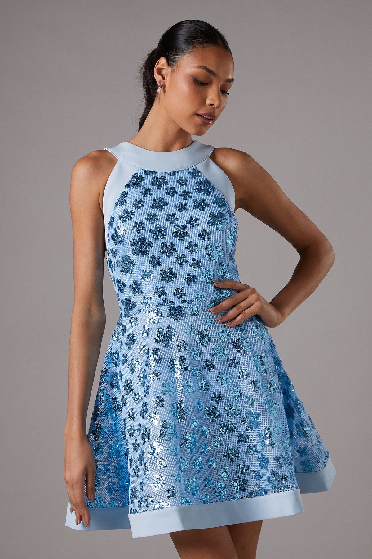 Coast Sequin Mesh Skater Mini Dress Blue image 1