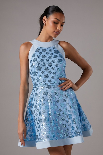 Coast Sequin Mesh Skater Mini Dress Blue