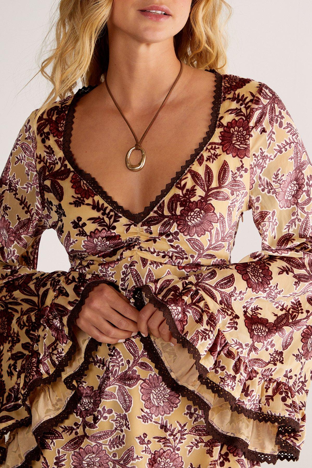 NastyGal Vintage Floral Devore Lace Trim Ruffle Sleeve Mini Dress Beige image 5