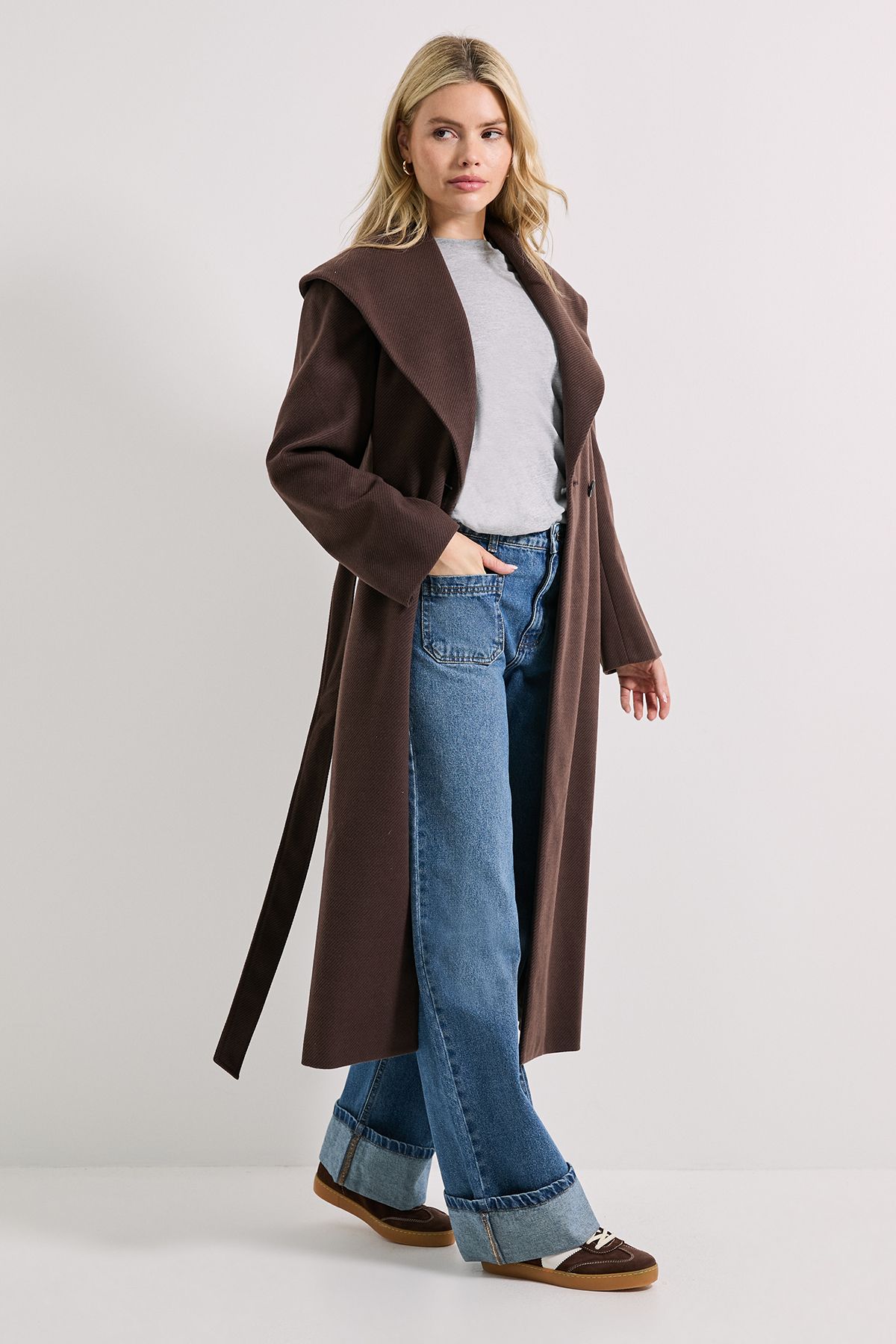 Dorothy Perkins Shawl Belted Coat Chocolate image 2
