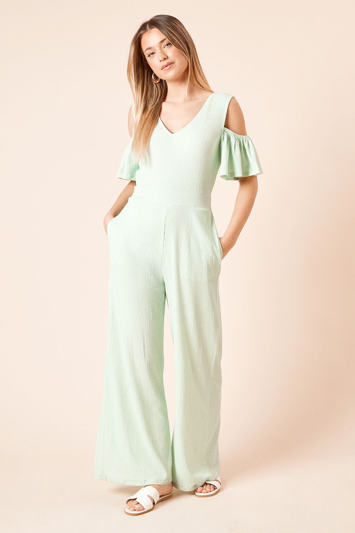 Dorothy Perkins Pin Spot Cold Shoulder Flutter Sleeve Jersey Jumpsuit Green image 4