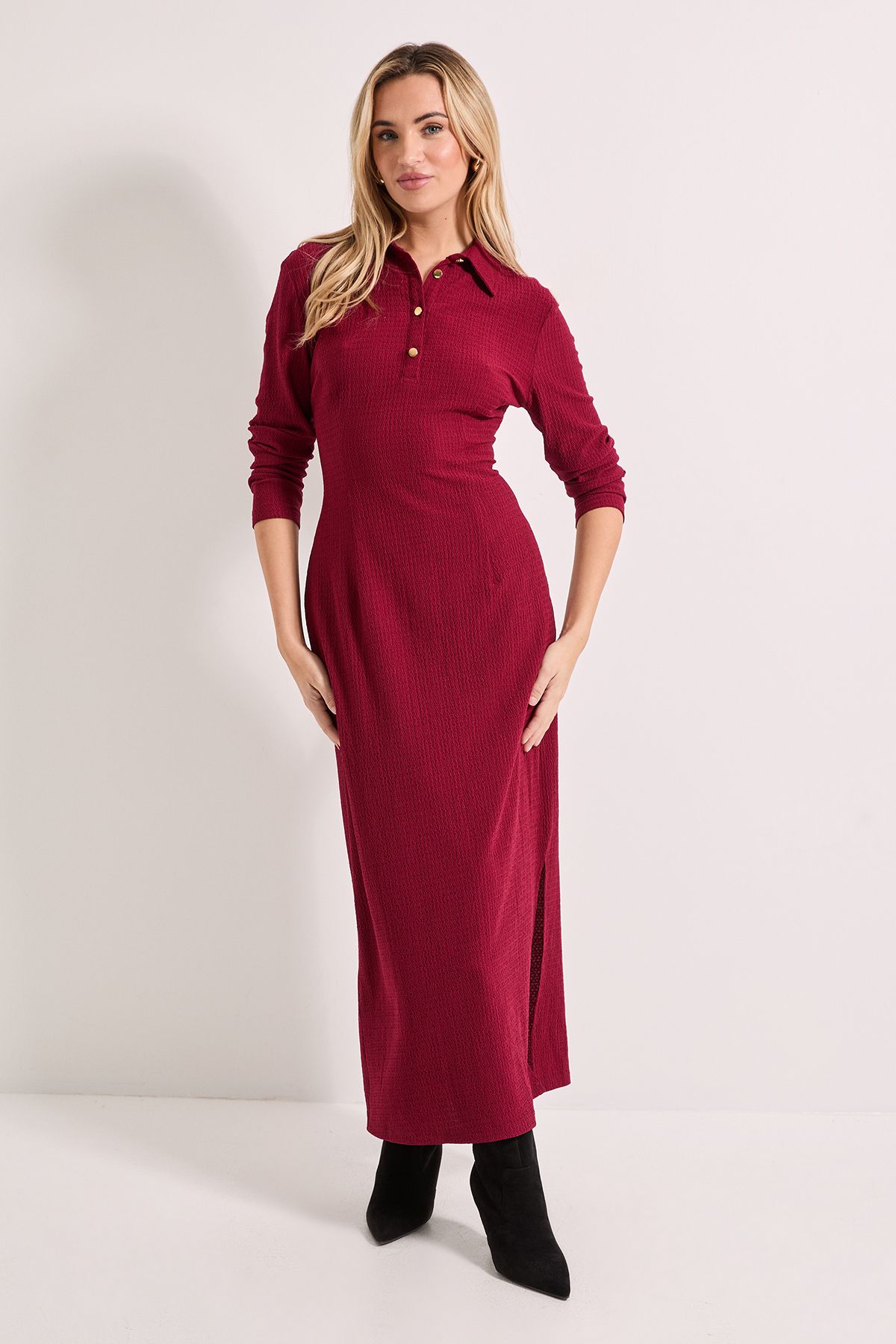 Dorothy Perkins Collar Detail Jersey Long Sleeve Midi Dress Dark Cherry