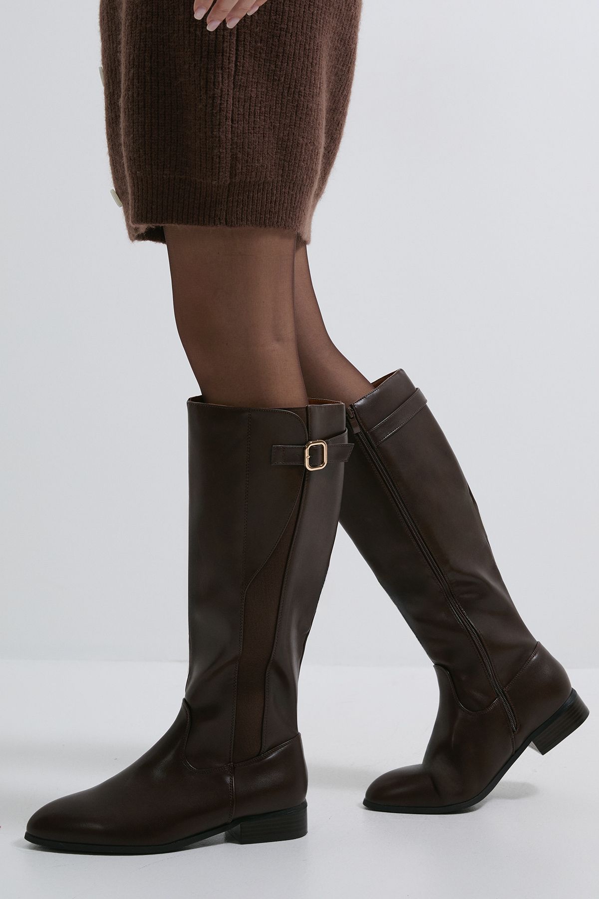 Dorothy Perkins Kamille Faux Leather Elastic Knee High Riding Boots Brown