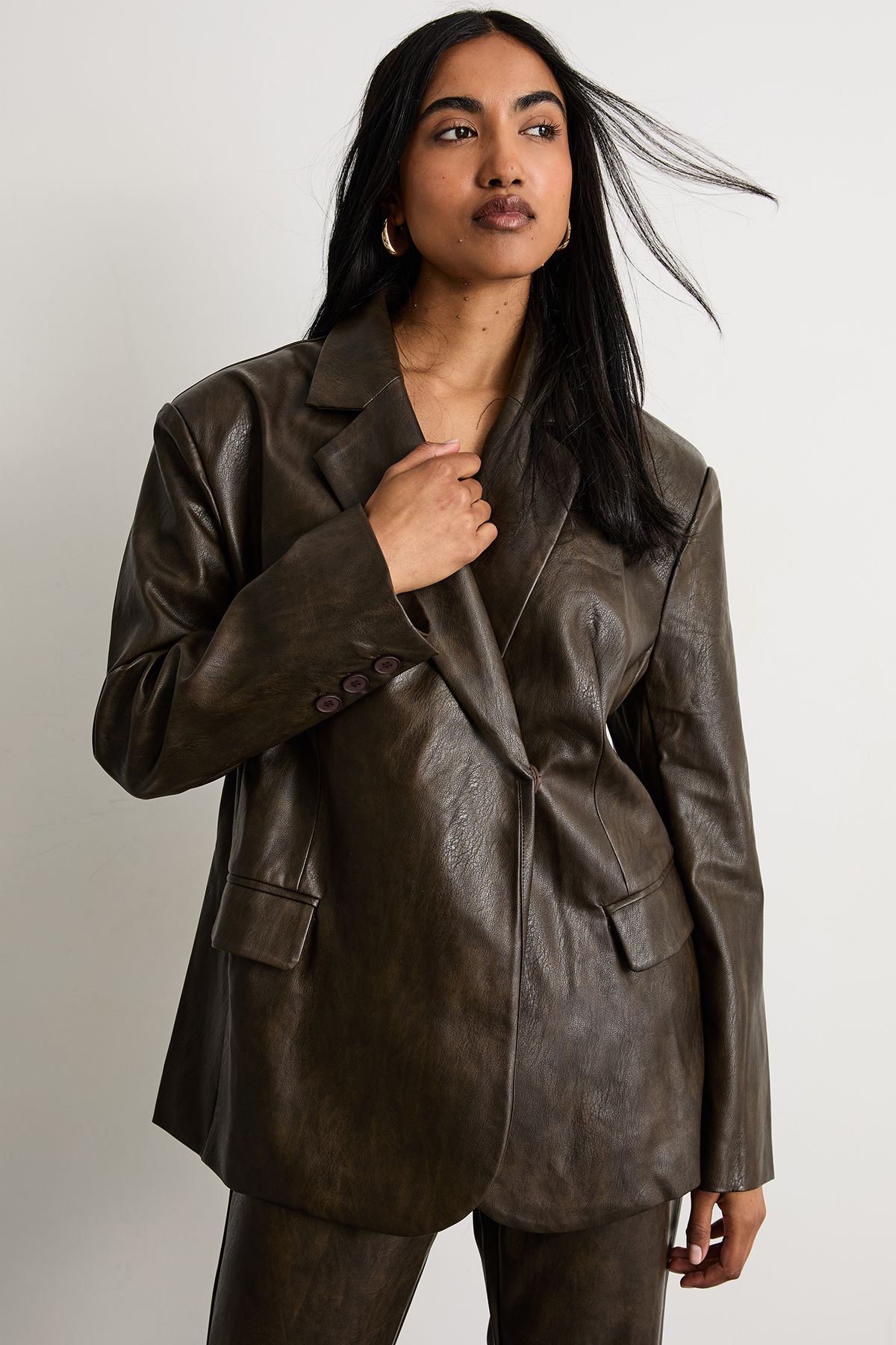 Warehouse Pu Clean Waistband Flare Trousers Co-ord Chocolate image 1