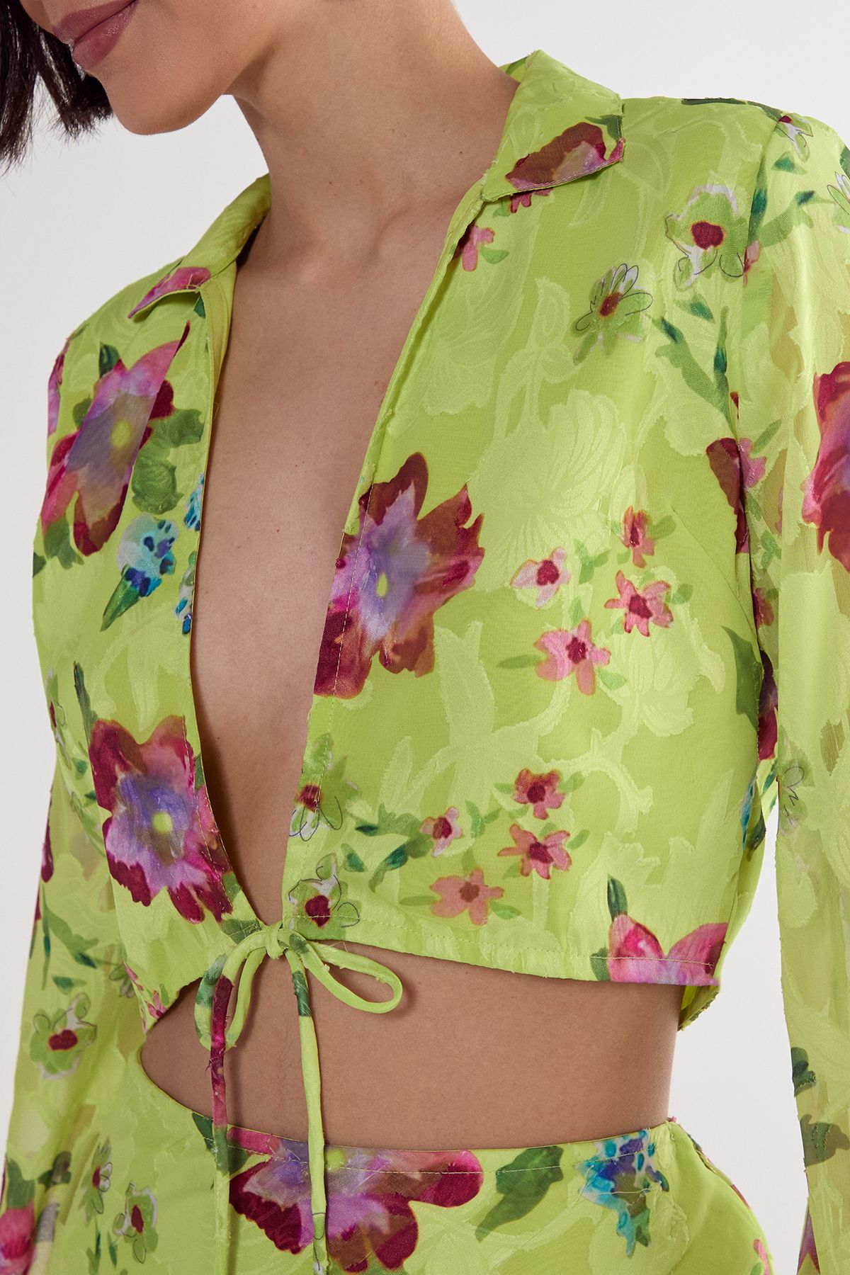 NastyGal Floral Burnout Tie Front Fluted Sleeve Crop Top Lime image 3