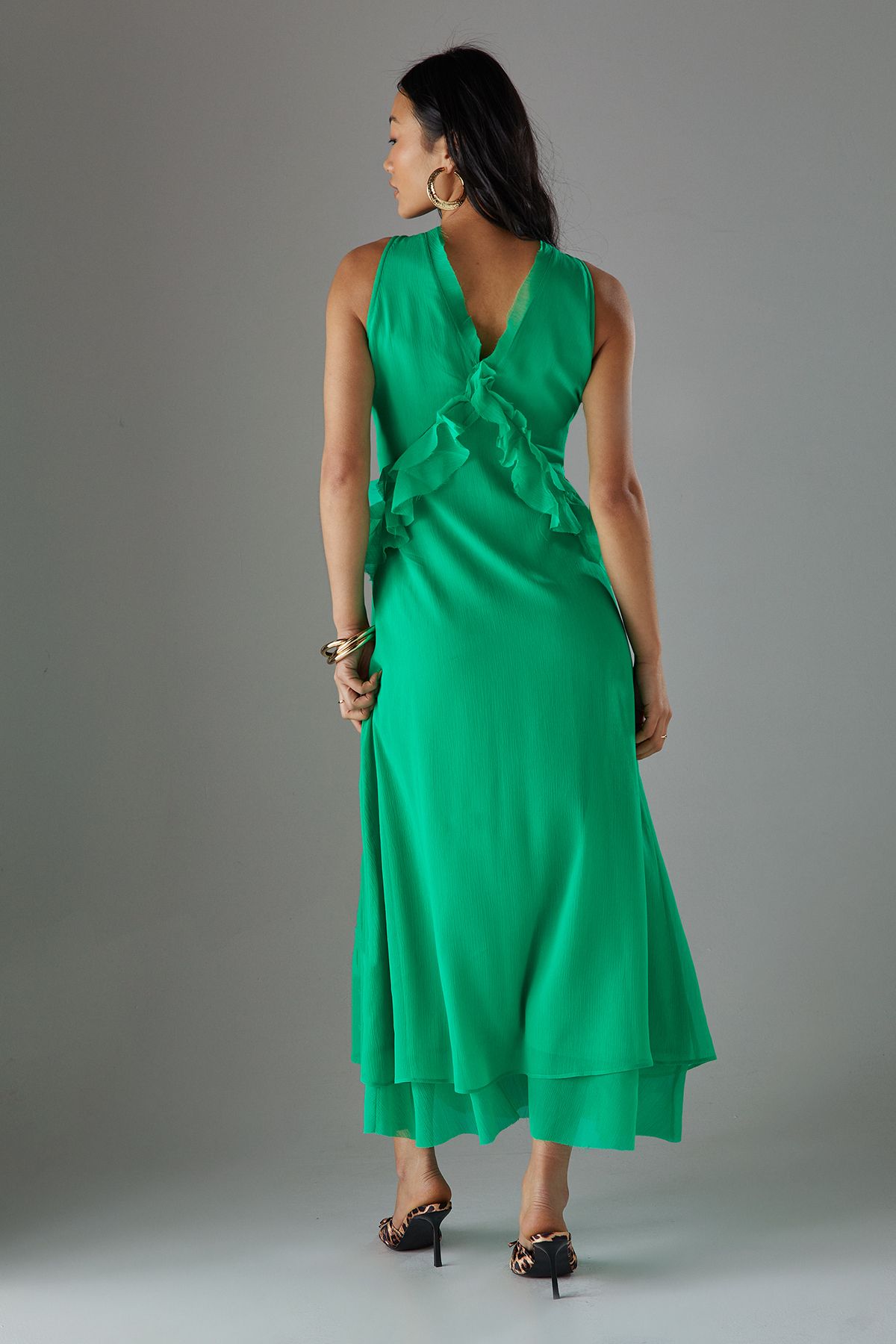 Warehouse Petite Premium Raw Edge Ruffle Detail Slip Dress Bright Green image 4