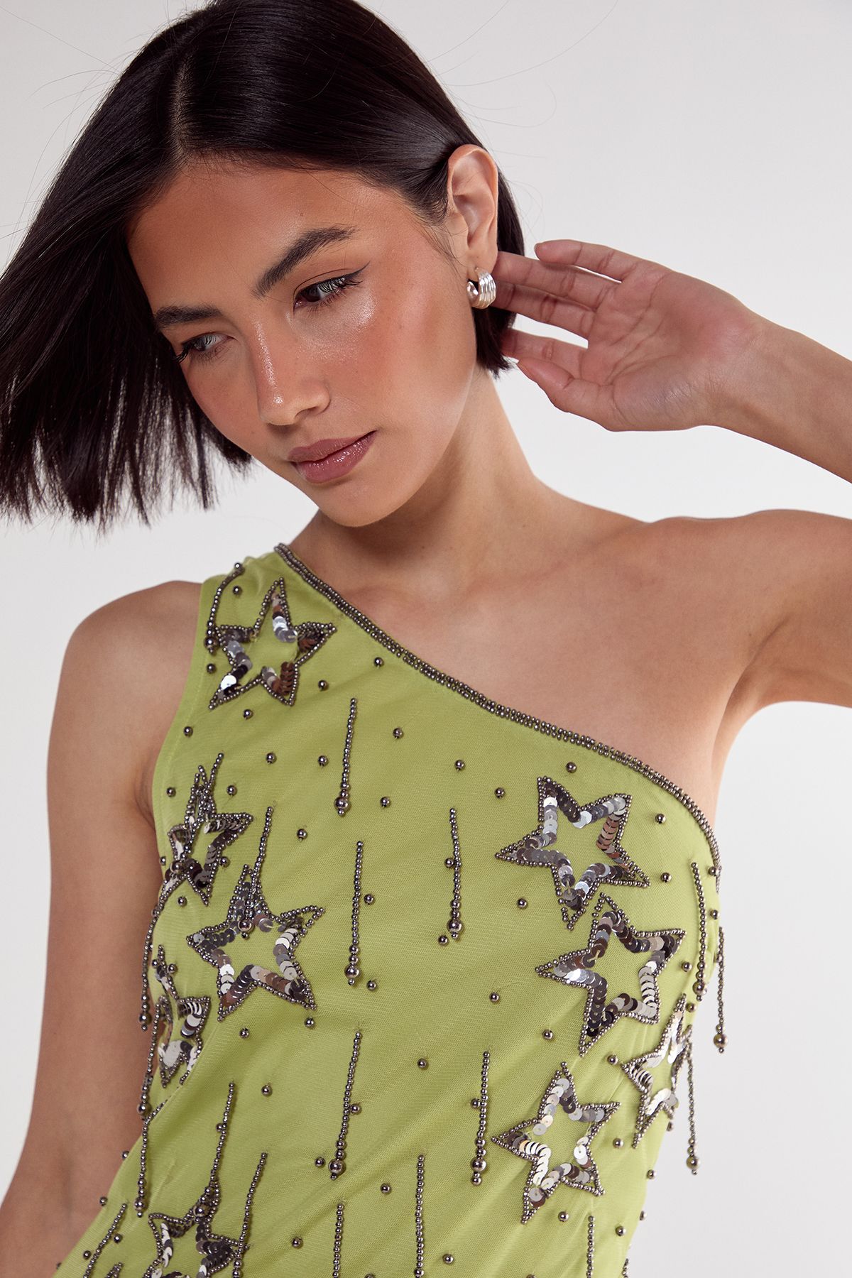 NastyGal Star Sequin Tassel One Shoulder Mini Dress Lime image 3