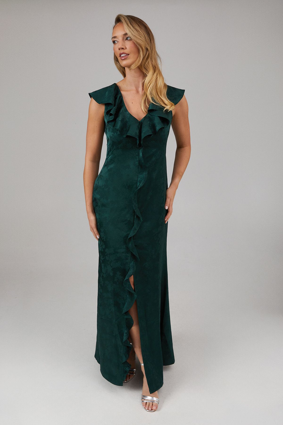 Oasis Satin Jacquard Ruffle V Neck Bridesmaid Dress Emerald image 1