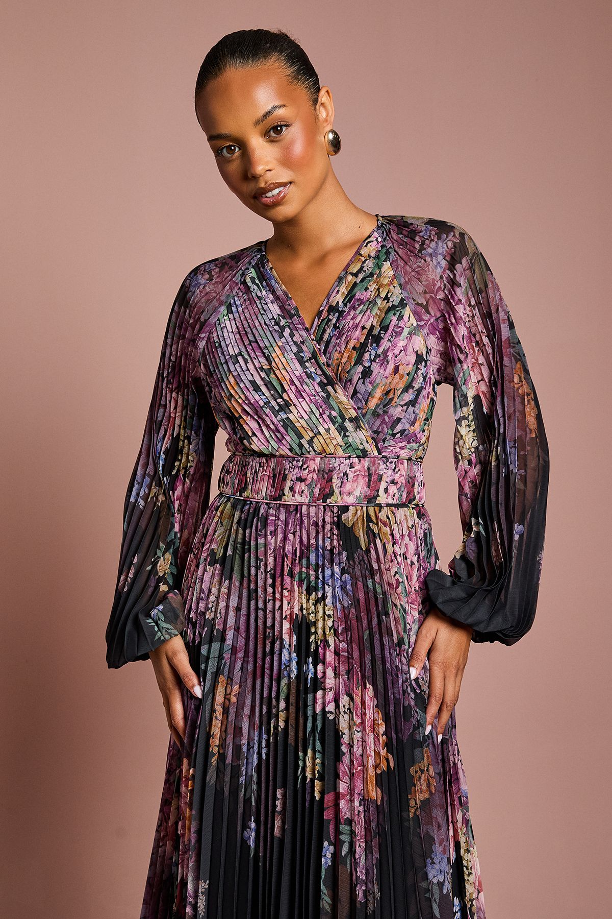 Coast Petite Placement Print Long Sleeve Chiffon Pleated Wrap Dress Black image 2