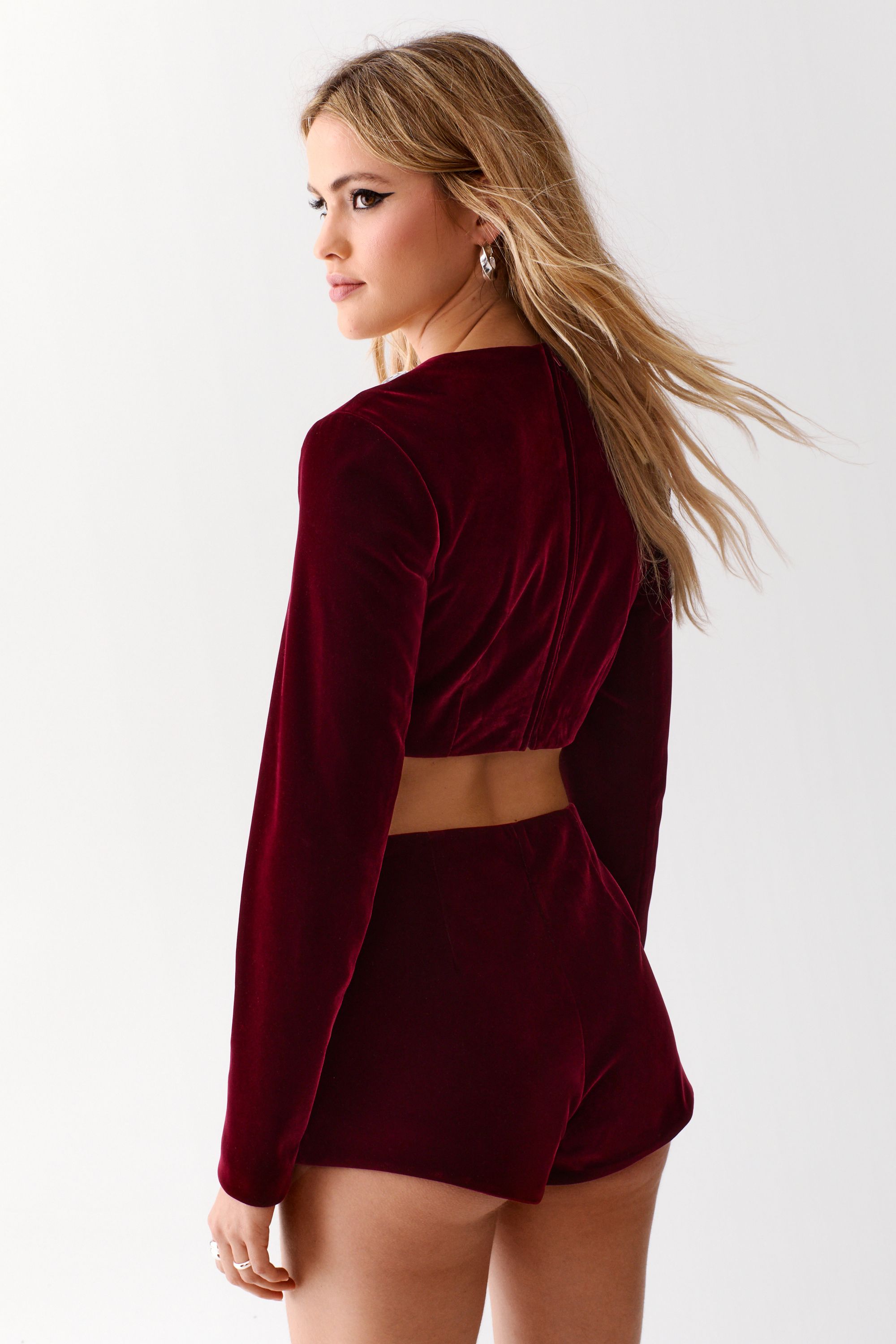 NastyGal Bonded Velvet Embellished Crop Top Wine image 4