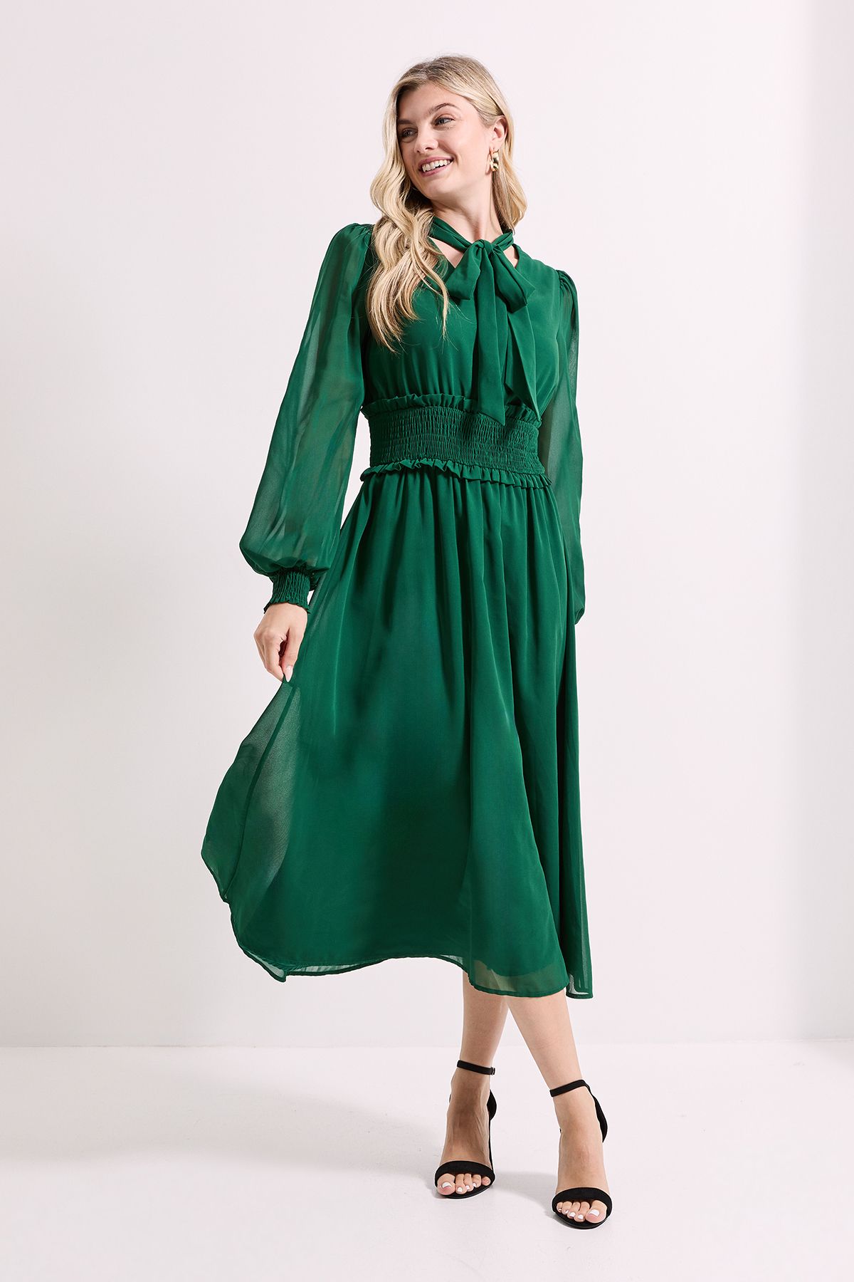 Dorothy Perkins Bow Tie Neck Detail Shirred Waist Midi Dress Forest