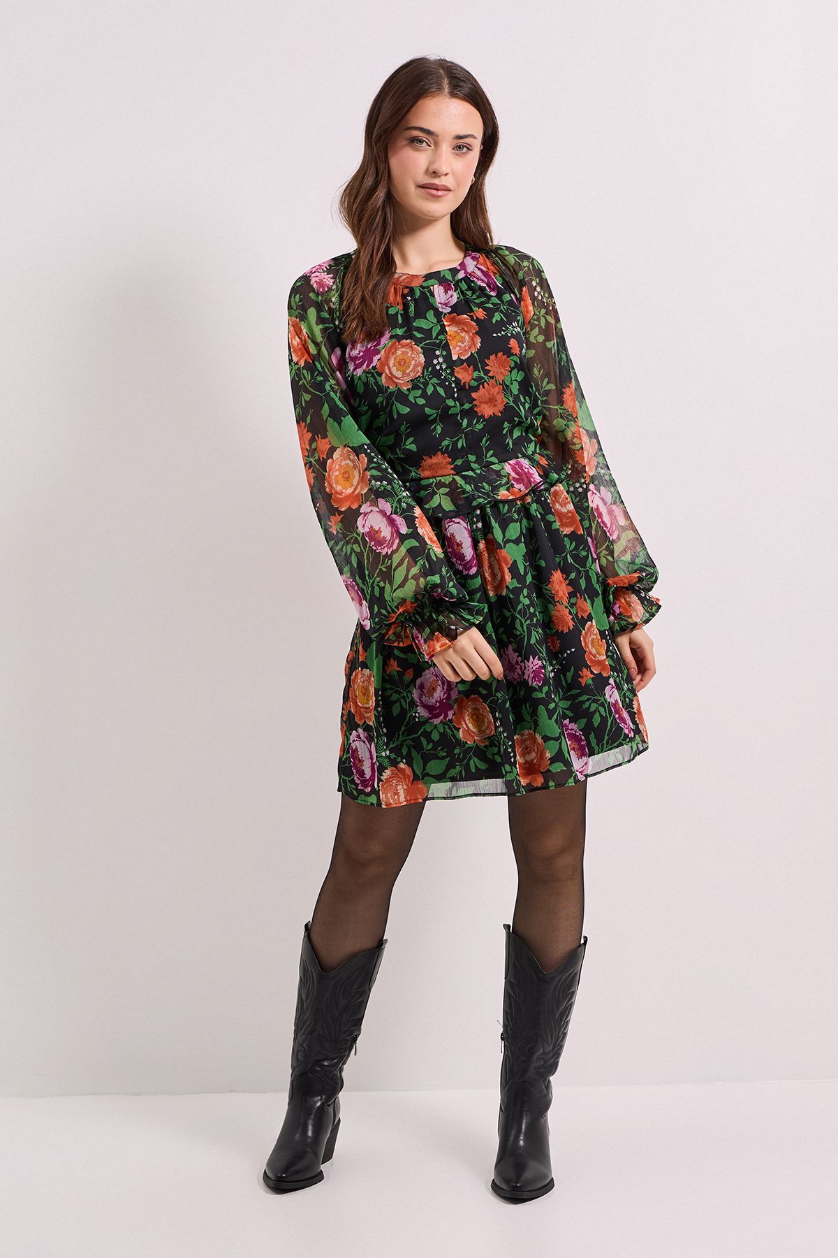 Dorothy Perkins High Neck Keyhole Detail Printed Chiffon Mini Dress Black image 1