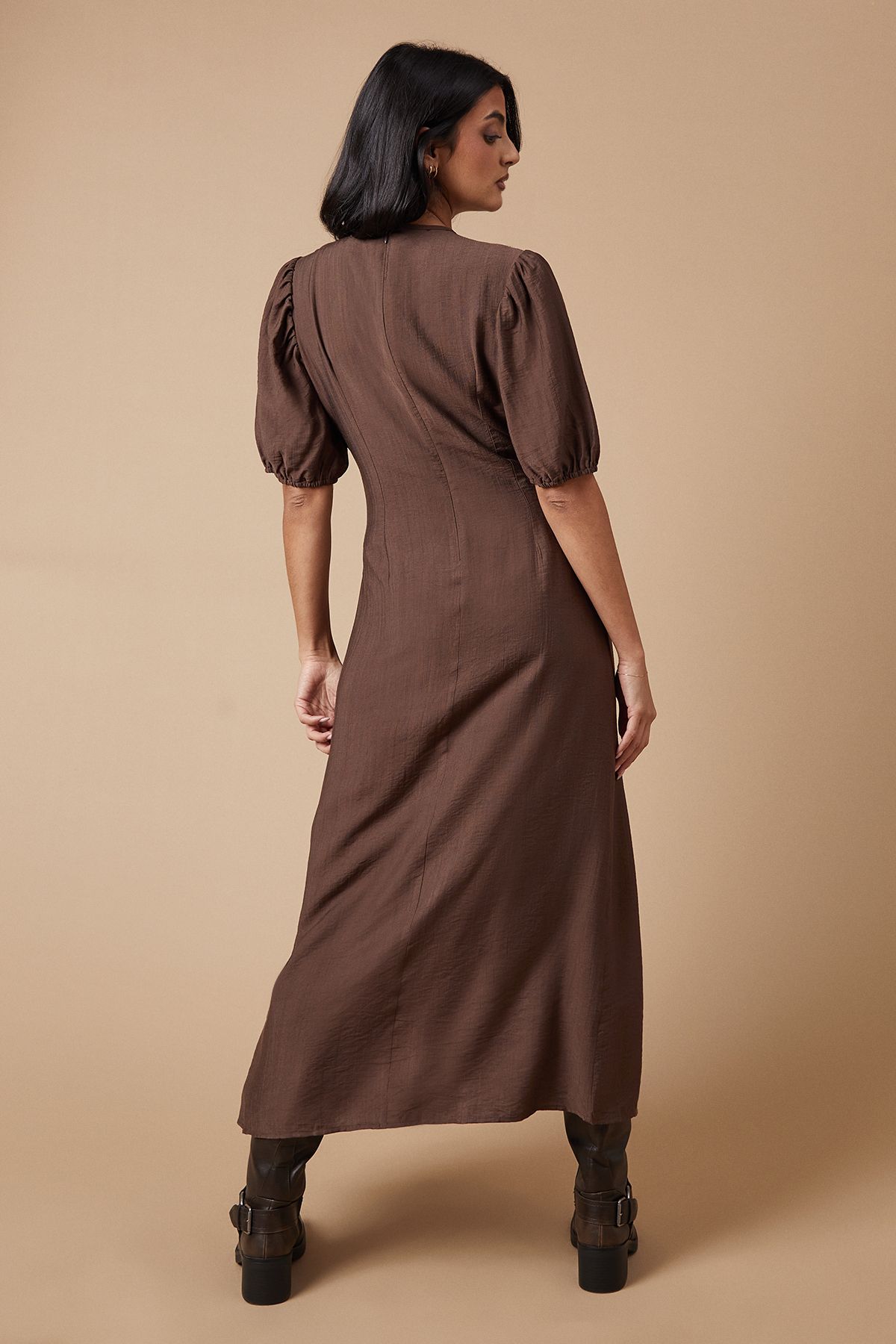 Oasis Shirred Bodice Puff Sleeve Midi Dress Brown image 4