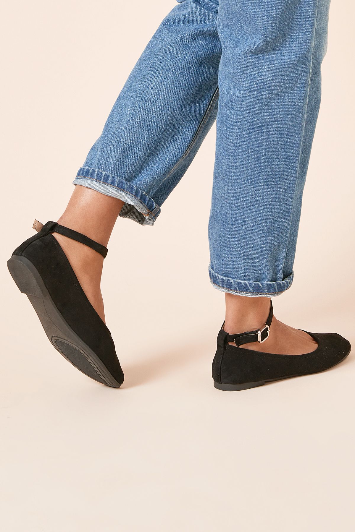 Dorothy Perkins Paula Faux Suede Square Toe Ankle Strap Ballet Pumps Natural Black image 4