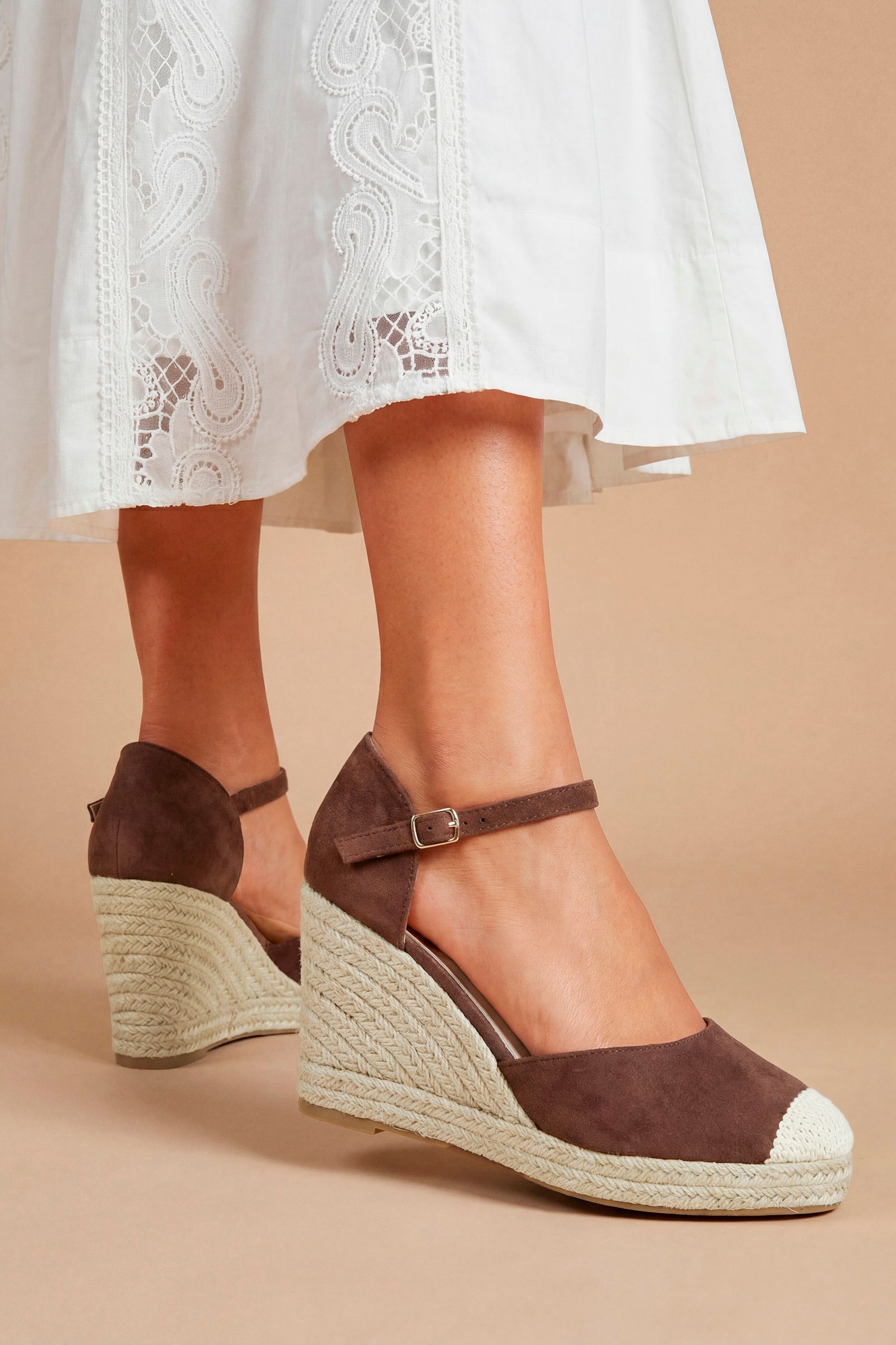 Dorothy Perkins Jillie Faux Suede Closed Toe High Espadrille Wedges Brown