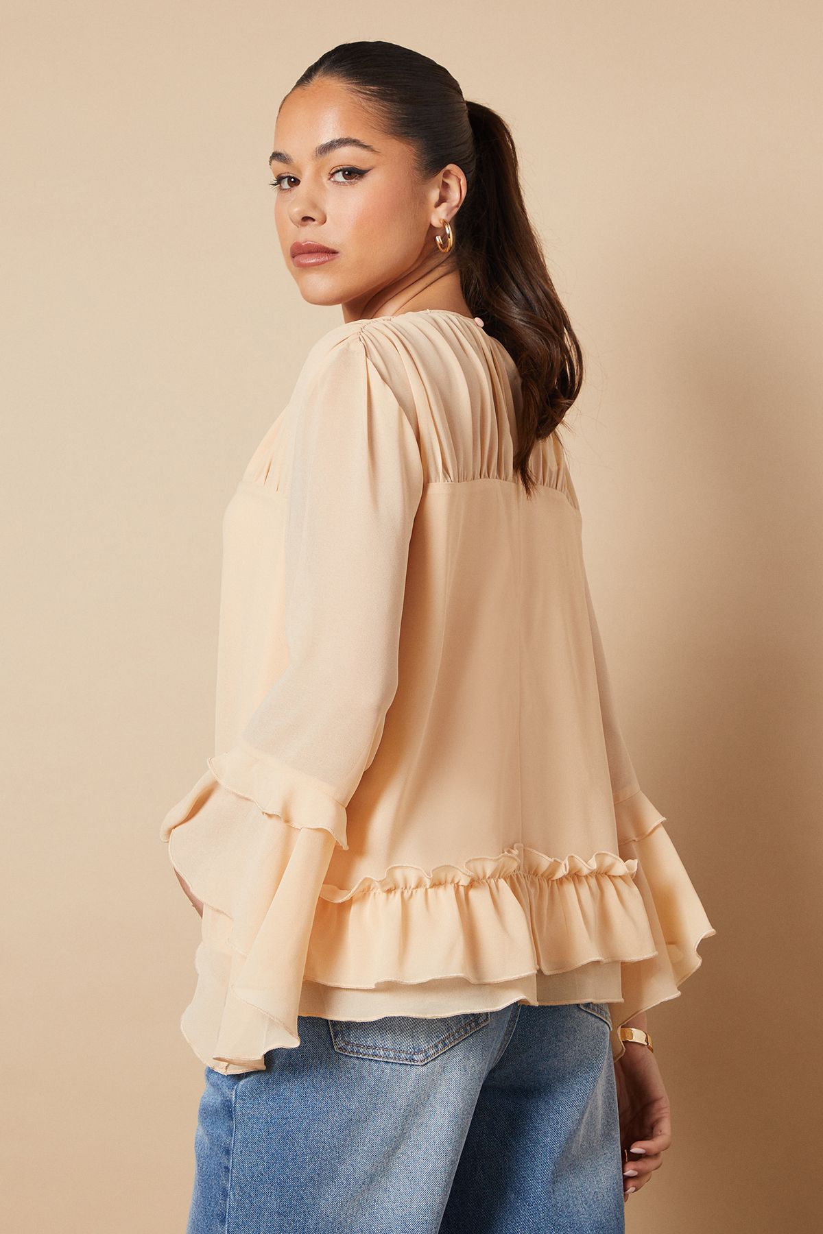 Oasis Ruched Waist 3/4 Sleeve Blouse Apricot image 3