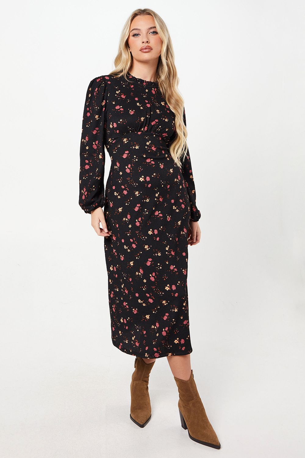 Dorothy Perkins Petite Berry Ditsy Frill Shoulder Midi Dress Floral image 1