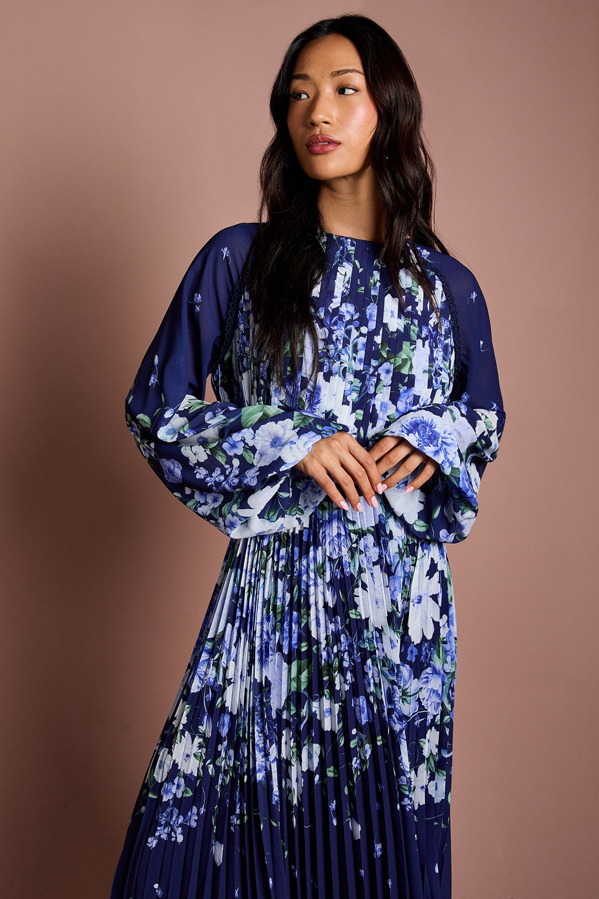 Coast Long Sleeve Floral Pleated Georgette Midi Dress Navy image 2