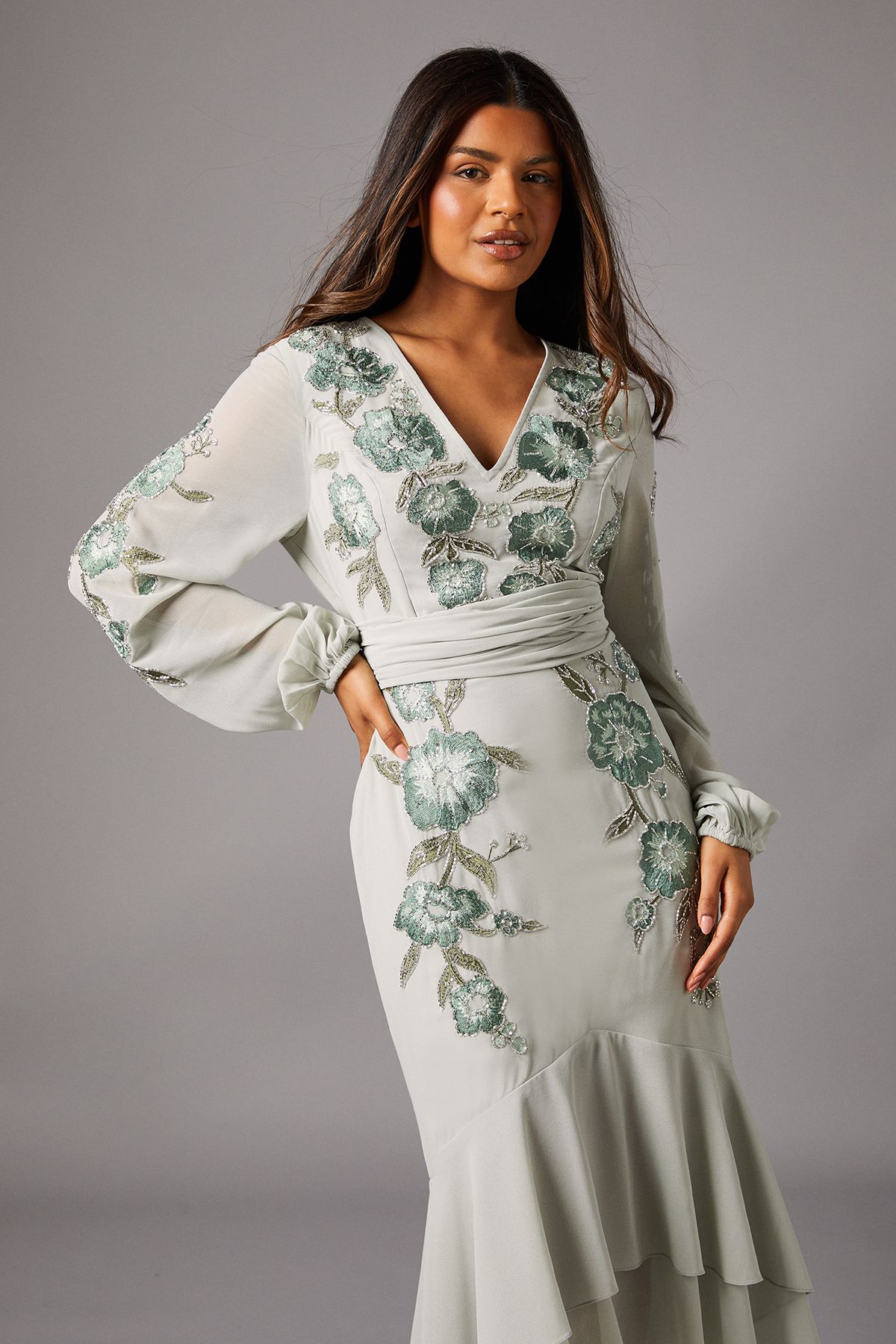 Coast Petite Sequin Embellished And Embroidered Hi-Lo Maxi Dress Sage image 2