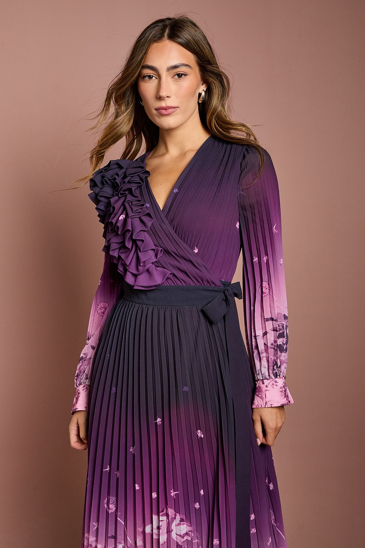 Coast 3D Floral Corsage Printed Georgette Wrap Dress Mauve image 2