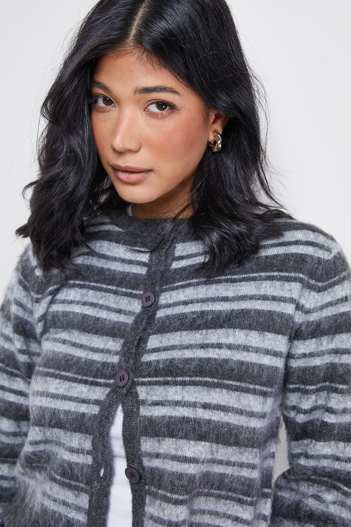 Warehouse Fluffy Striped Cardigan Black image 4