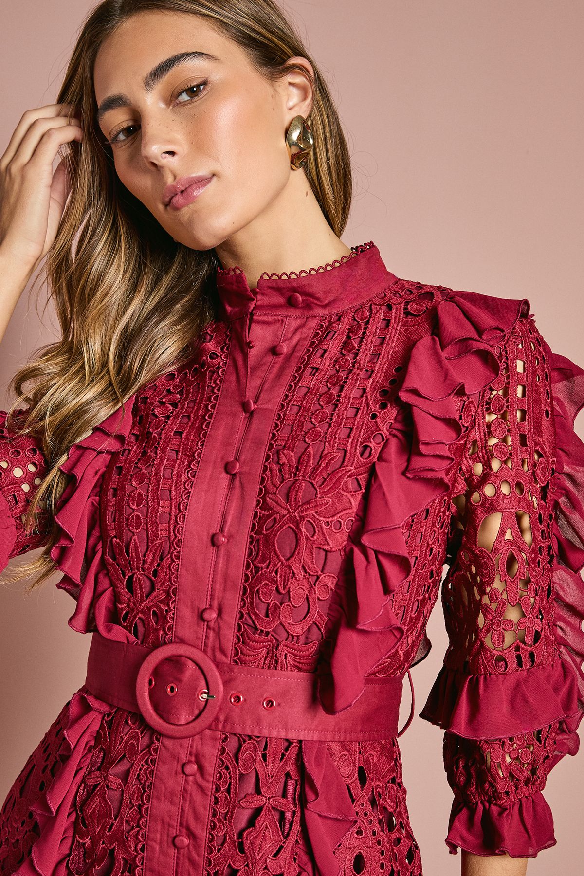 Coast Lace Ruffle Shirt Dress With Tie Burgundy image 4