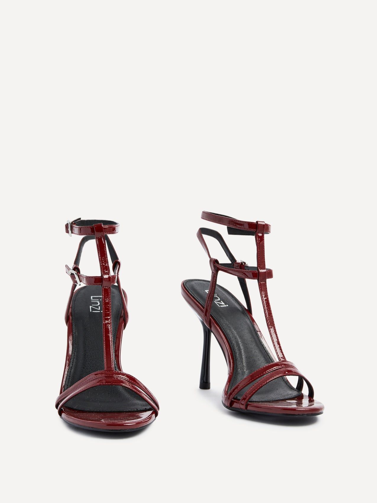 Linzi Jada Burgundy Patent T-Bar Strappy Stiletto Heels image 3